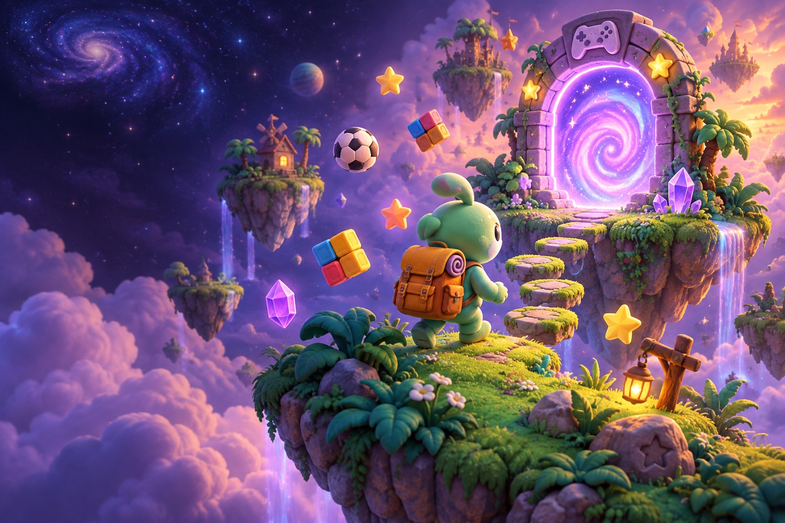 Little adventurer on the floating island, between the purple arcade gate and colorful crystals
